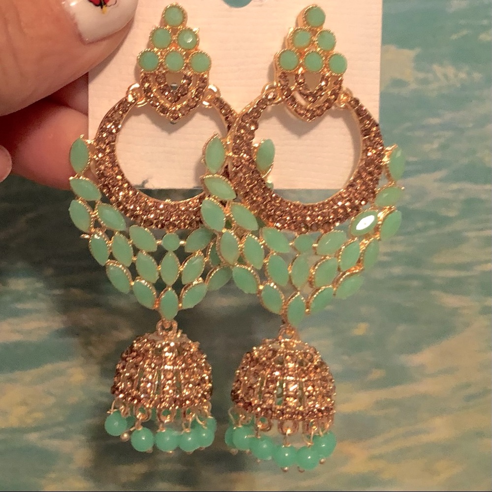 Dangle Earrings Imported from India ~ Green Stones & Gold Rhinestones ~ NEW